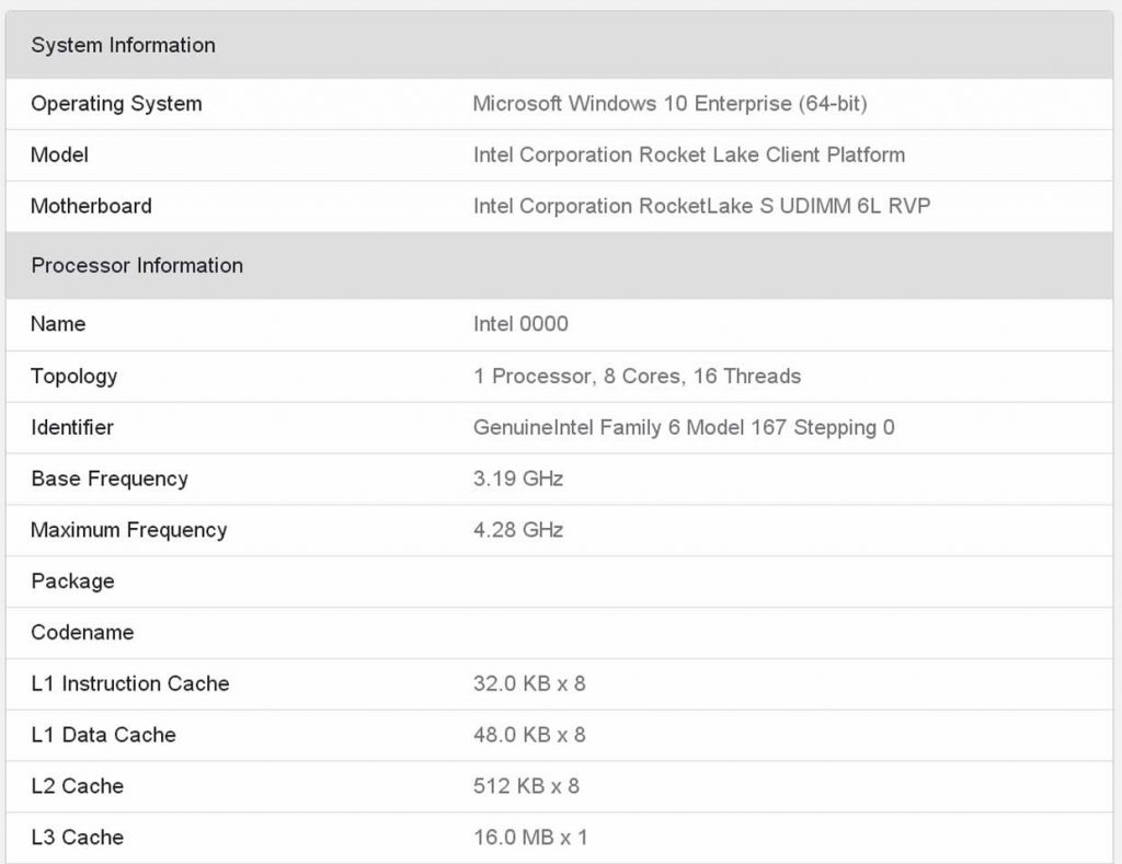 Processeur Core Rocket Lake-S d’Intel – Base de données du benchmark Geekbench 5 