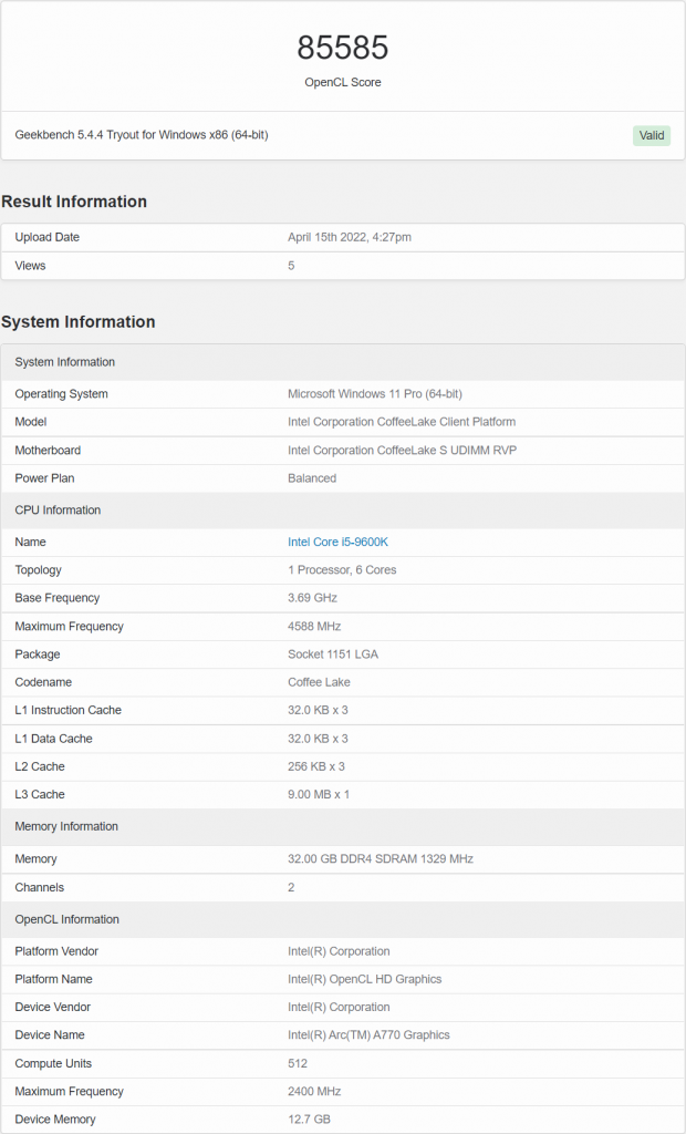 Geekbench - Tarjeta gráfica Intel Arc A770, ¿qué sabemos?